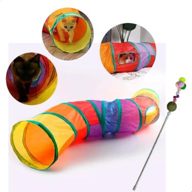 Imagem de Túnel colorido com Varinha para gato brinquedo sino bolinha animais pequenos coelho cachorro 1,20m