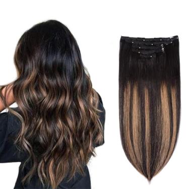 Imagem de Amygirl 5 Peças De Extensões Cabelo Humano Com Clipe 14" Remy, Preto Natural Para Castanho, Mechas Ombré - Sedoso, Liso, Curto E Grosso, Mulheres (14", #(1Bt6) P1B, 70 Gramas)