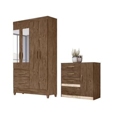Imagem de Conjunto Guarda Roupa Com Espelho E Cômoda Petra Castanho Wood Avelã