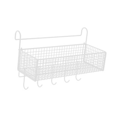 Imagem de IEUDNS Organizador de cesto de armazenamento suspenso de cabeceira, prateleira de metal multifuncional e conveniente ao lado da prateleira para banheiro, Branco com Ganchos