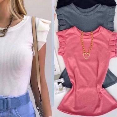 Imagem de Blusa feminina manga babado cavada canelada estilo - Filó Modas, G, Ci