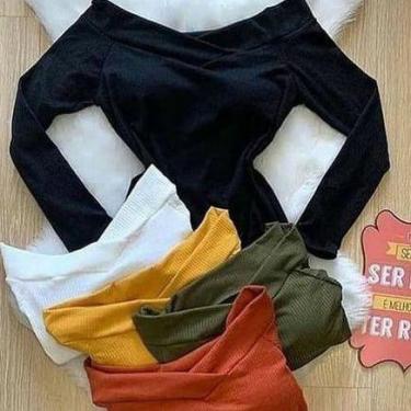 Imagem de Blusa ombro a ombro manga longa malha canelada feminino - Filó Modas, 