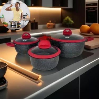 Imagem de Conjunto Panelas Cerâmica Elegante Cor Preta Vermelho - Atena