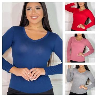 Imagem de Kit 4 Blusas de frio Feminina Gola V Manga Longa Segunda Pele - GK, Az
