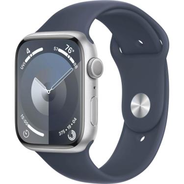 Imagem de Caixa de alumínio Apple Watch Series 9 GPS 45 mm com pulseira esportiva Storm Blue (médio/grande) - prata-MR9E3LW/A
