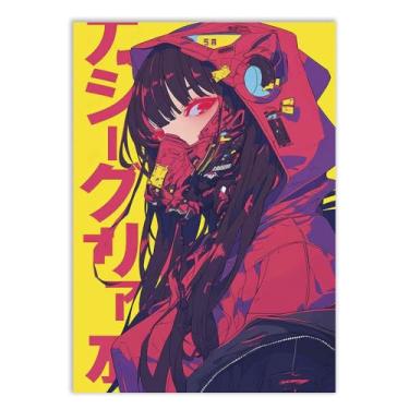 Imagem de Placa Decorativa Anime Garota Mascara Cyberpunk Vermelho Poster Quarto Sala