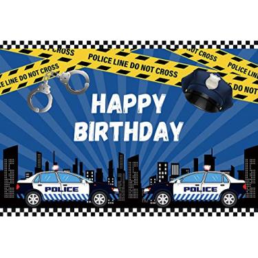 Imagem de DORCEV 1,8 x 1,2 m com tema policial feliz aniversário fotografia pano de fundo para meninos festa de aniversário carro de polícia noite paisagem urbana foto fundo mesa de bolo fora do quintal