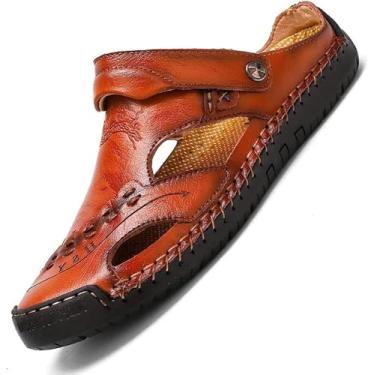 Imagem de Sandálias Masculinas De Couro Macio De Couro Fechado Sandálias De Praia Para Caminhadas Ao Ar Livre Verão Masculino Respirável Slip-on Chinelo Mocassim Suporte De Ar, Reddish Brown, 7.5 UK