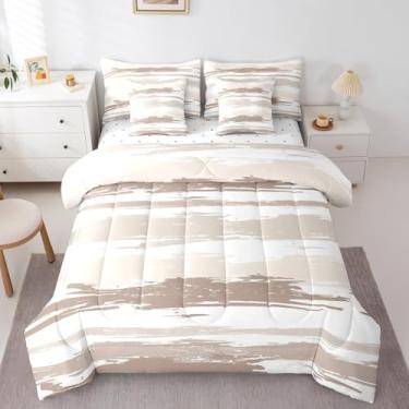 Imagem de Erosebridal Conjunto de edredom Queen abstrato marrom, moderno, branco, cinza, listrado, geométrico, estético, com pintura a óleo em uma bolsa, conjunto de lençol minimalista, simples, aquarela