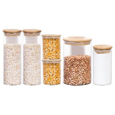 Imagem de Kit 6 Potes de Vidro com Tampa de Bambu Herméticos Redondos