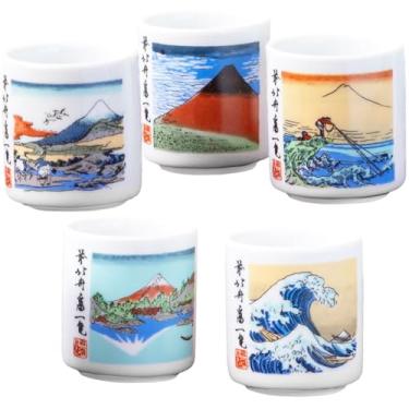 Imagem de ORANGE APRON Copos de saquê de cerâmica Mino [Feito no Japão/Conjunto de 5]: Com a maior série de impressão em xilogravura Katsushika Hokusai, 36 visualizações do Monte Fuji em caixa de presente