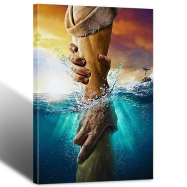 Imagem de Arte de parede emoldurada de Jesus, cristã, a mão de Deus, Jesus chegando à água, cristo, religião, arte de parede, decoração, azul, oceano, imagens da Bíblia, pôsteres, impressões para igreja, sala