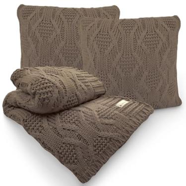 Imagem de Kit Manta Tricot Luxo 150x120cm + 2 Almofadas com Enchimento | Zíper Invisível | Fibra Siliconada | Sofá Sala | Xale Decorativo Elegante G05 (Bege Aramis)