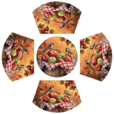 Imagem de Conjunto de 5 jogos americanos de mesa redonda com tapete redondo de mesa central, maçãs de outono, folhas de pássaro, resistente ao calor, tapete de mesa de PVC antiderrapante para cozinha, mesa de