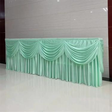 Imagem de Saia de mesa longa opcional de seda gelada de 10/20 pés, saia de mesa plissada colorida com babados e swag para decoração de mesa de bufê de aniversário e casamento, verde menta, A75 x L600 cm (20 pé