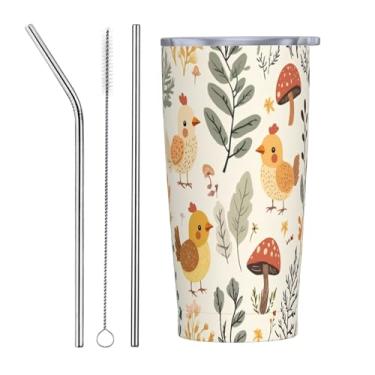 Imagem de Yamegoun Copo de frango com tampa e canudo 590 ml Copo de café isolado de aço inoxidável para presentes de Natal e aniversário