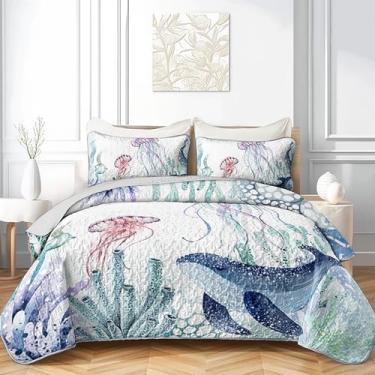 Imagem de AILONEN Conjunto de colcha Queen com desenho animado de água-viva, azul petróleo, oceano, praia, litoral, microfibra macia, para crianças, meninos, meninas, 2 fronhas, 3 peças