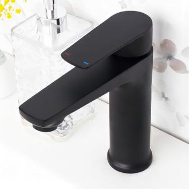 Imagem de SevenGelok Torneira de banheiro preta Torneira de pia de banheiro Torneira de um orifício 【Todas as SUS304 de aço inoxidável】 Torneira de pia de banheiro de 1 orifício de manípulo único para pia de