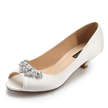 Imagem de ERIJUNOR sapato feminino confortável salto baixo gatinho strass peep toe casamento noite festa sapatos social escarpim, Marfim, 9.5