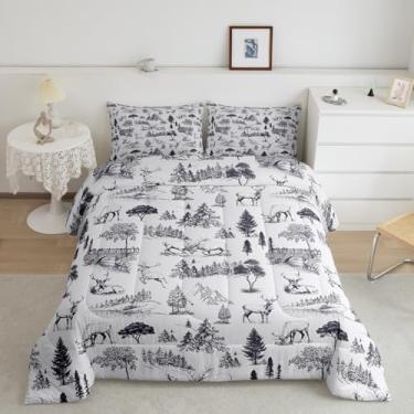 Imagem de Feelyou Conjunto de edredom infantil casal camuflado com veado e caça de veado para meninos e adolescentes, cabana, veado, árvore botânica, cinza, conjunto de edredom 3 peças