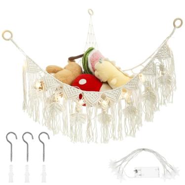 Imagem de Rede de brinquedo de pelúcia com luzes de estrelas, rede portátil de brinquedo de pelúcia para economizar espaço para pendurar rede de brinquedo decorativo organizador de rede rede de armazenamento de