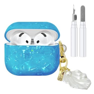 Imagem de Compatível com AirPods 4 2024, linda capa protetora de TPU para AirPods com kit de limpeza e acessórios de cordão para mulheres e meninas, azul escuro