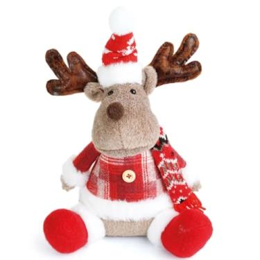 Imagem de Rena do Papai Noel Sentada Xadrez Vermelha com Galhada e Cachecol Pelúcia Decoração de Natal