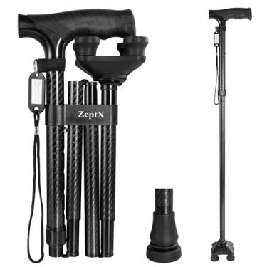 Imagem de ZeptX Bengala quadrilátera dobrável para homens e mulheres, bengala dobrável ultra leve e resistente ajustável em altura de borracha antiderrapante, bengalas de caminhada dobráveis para idosos e