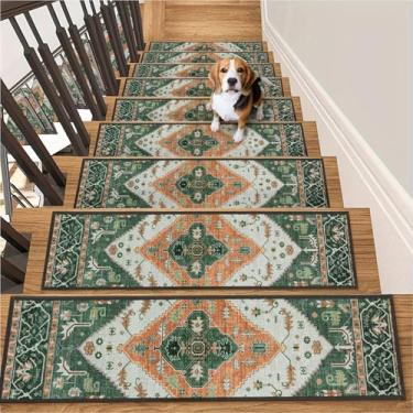 Imagem de Lahome Tapete antiderrapante para escadas de madeira, pacote com 15, 20 x 76 cm, tapete autoadesivo lavável e resistente a manchas, adequado para crianças, idosos e cães (15 peças, verde)