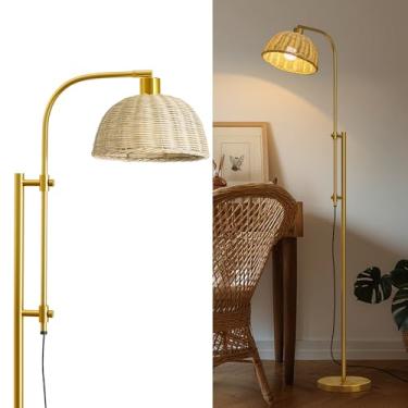 Imagem de Oneach Luminária de chão de arco de 165 cm para sala de estar, lâmpadas de chão douradas de altura ajustável com abajur de vime, interruptor de pé, lâmpada alta Boho Farmhouse para quarto, canto