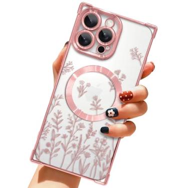 Imagem de LSL Capa para iPhone 15 Pro Max [compatível com MagSafe] Design de padrão floral macio TPU antiqueda à prova de choque protetora fina luxuosa com revestimento floral transparente - Rosa