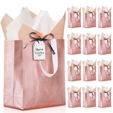 Imagem de KeerxunBag Sacos de presente reutilizáveis de ouro rosa para Dia dos Namorados - pacote com 12 (25 x 10 x 20 cm) com fita, papelão, lenço de ouro rosa/branco e etiquetas