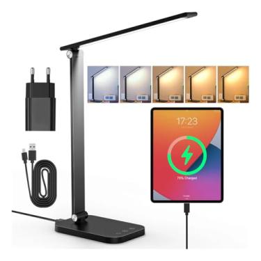 Imagem de Luminária de Mesa LED com Dupla Alimentação Tomada e USB, 50 LEDs 320Lm, Dimerização Contínua 3000K-6000K, Timer 45min, Toque Sensível, Ideal para Escritório, Estudo e Quarto, Preto