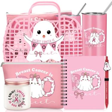 Imagem de Roshtia Cesta de geleia com tema de câncer de mama é boo, 7 peças, para mulheres, copo de 396 g, frasco de vela, diário em espiral com cartão de caneta, bolsa de plástico, presente para sobrevivente