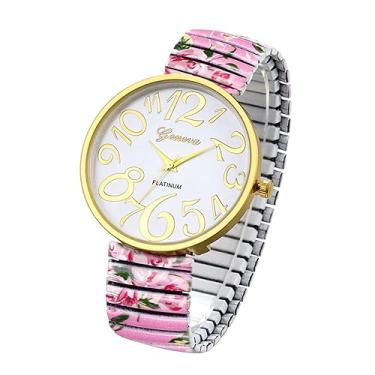 Imagem de Ibohevo Relógio de pulso com mostrador grande: pulseira floral feminina, número grande, fácil leitor, mostrador com movimento de quartzo, relógio de pulso analógico de liga, rosa, Adult