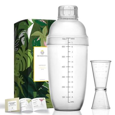 Imagem de Homestia 2 peças de coqueteleira de plástico com conjunto de jigger, copo misturador manual com escamas, conjuntos de ferramentas de barra transparente com conjunto de jigger de medição dupla para uso