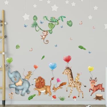 Imagem de Decalques de parede de animais de safári da selva, desenhos animados em aquarela, animais da floresta, elefante, girafa, macaco, urso, raposa, coelho, adesivos de parede removíveis para quarto de bebê
