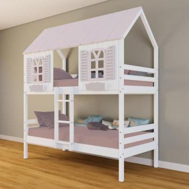 Imagem de Beliche Casinha Bela - Madeira Maciça Branco/Rosa  Housin