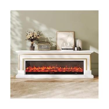 Imagem de Lareira Decorativa Suporte de TV com lareira 71/79" para sala estar, centro entretenimento moderno elétrica chama 3D, controle remoto(Branco,Pequeno)