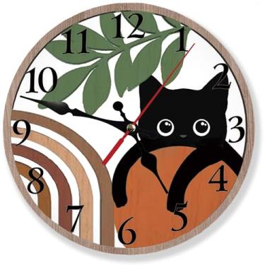 Imagem de ubcindy Boho Art Relógio de parede bonito gato preto silencioso sem tique-taque 30,5 cm, operado por bateria, relógios de parede de madeira redondos, decorativos para sala de estar, cozinha, quarto