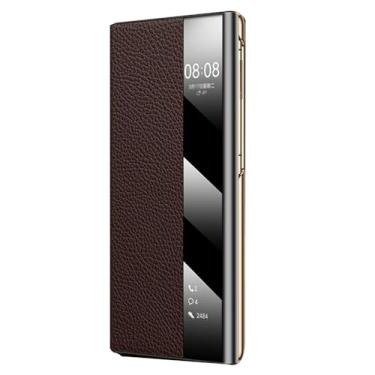 Imagem de LYJSMGZ Capa de couro para Huawei Mate XT, capa de suporte de pulseira escalável galvanizada, antiderrapante, à prova de choque, janela de visualização HD, capa de telefone comercial, marrom, Mate XT