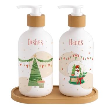 Imagem de Dispensador de sabão de Natal, decorações de cozinha de banheiro, dispensador de sabão de vidro para férias com bomba de madeira para decoração de bancada, pacote com 2 dispensadores de sabonete