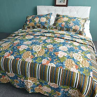 Imagem de Conjunto de colcha de cama acolchoada de algodão floral boêmio, tamanho queen, leve, 1 colcha e 2 fronhas (amarelo, Queen) (flor 316 Queen (231 x 248 cm))