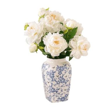Imagem de 5 peças de flores artificiais de seda com vaso de cerâmica flores de peônia falsas verdadeiras buquê de flores artificiais brancas para decoração de casa