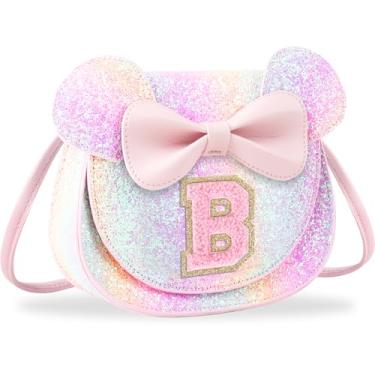 Imagem de Presentes de aniversário para meninas de 2, 3, 4, 5, 6, 7, 8, 9 e 10 anos de idade, bolsa infantil infantil para meninas pequenas com laço de orelha de rato personalizado, Letra rosa com purpurina