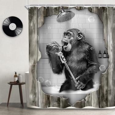 Imagem de Newsely Cortina de chuveiro engraçada macaco 152 cm L x 182 cm C chimpanzé de madeira cantando na banheira preto branco moderno animal legal conjunto de banheiro masculino crianças meninos acessórios