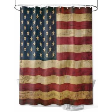 Imagem de Cortina de chuveiro com bandeira vermelha do Dia da Independência, listras estrelas, à prova d'água, lavável, conjunto de cortinas de banheiro para decoração de banheiro, 91 x 182 cm de comprimento