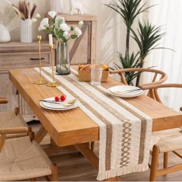 Imagem de Caminho de mesa com padrão geométrico Boho Farmhouse de 29 × 119 cm com textura tecida e borda de franja para mesa de jantar, cozinha ou console, estilo de casa (off-white)