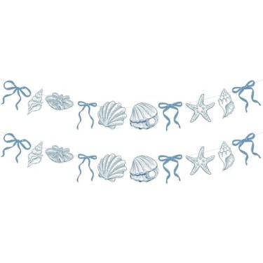 Imagem de Pacote com 2 Guirlandas com laço azul, estrela-do-mar e conchas, 2 m, oceano, litoral, náutico, praia, festa, debaixo do mar, faixa suspensa para pendurar no verão, aniversário, casamento, despedida