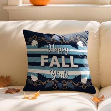 Imagem de Capa de almofada de outono 45,7 x 45,7 cm - Capa de almofada decorativa impressa Happy Fall Y'all azul-branco listrado com folhas de outono e barbante para sofá, decoração de casa